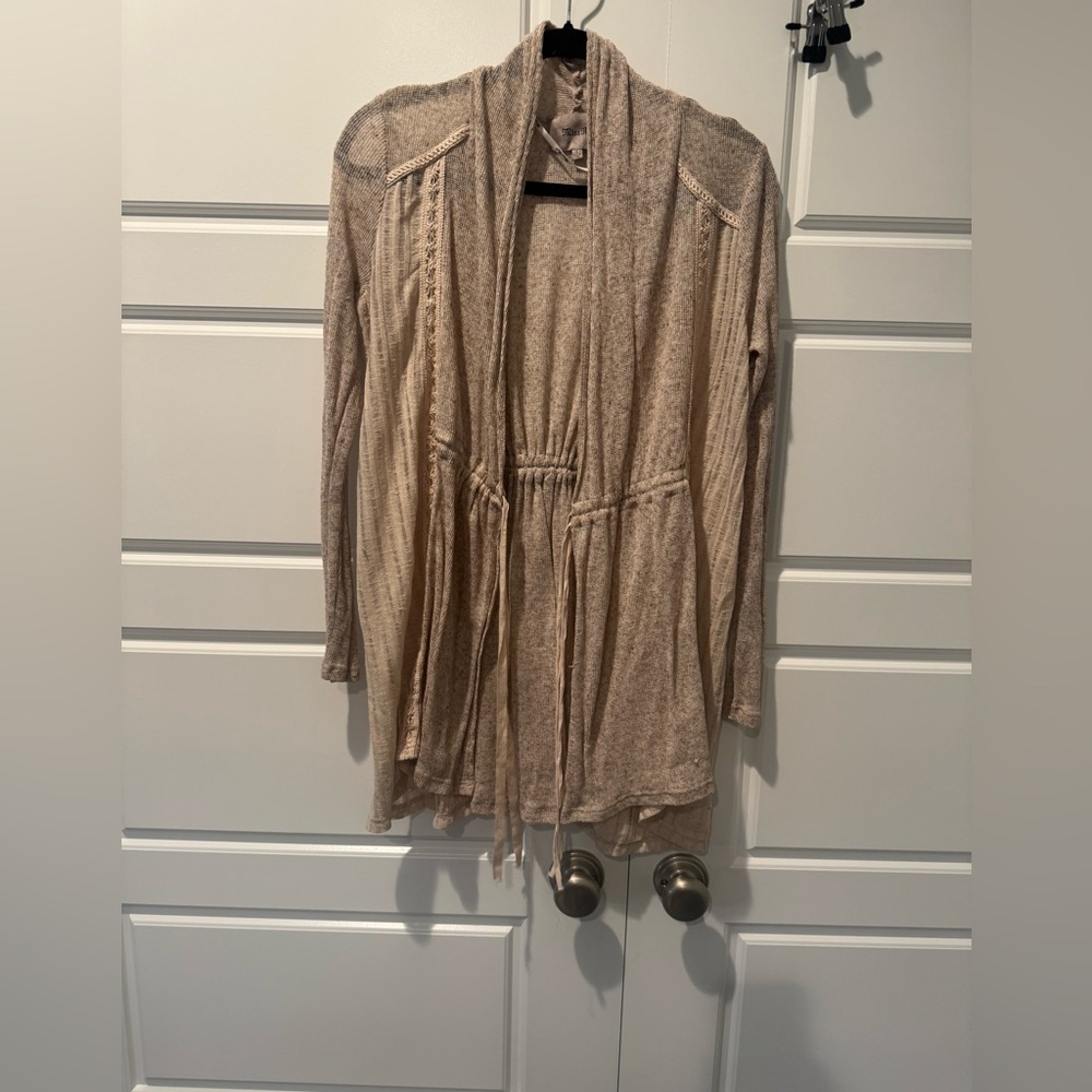 Miss Me Open Weave Cardigan Sweater Oatmeal Transitional Spring Size Large